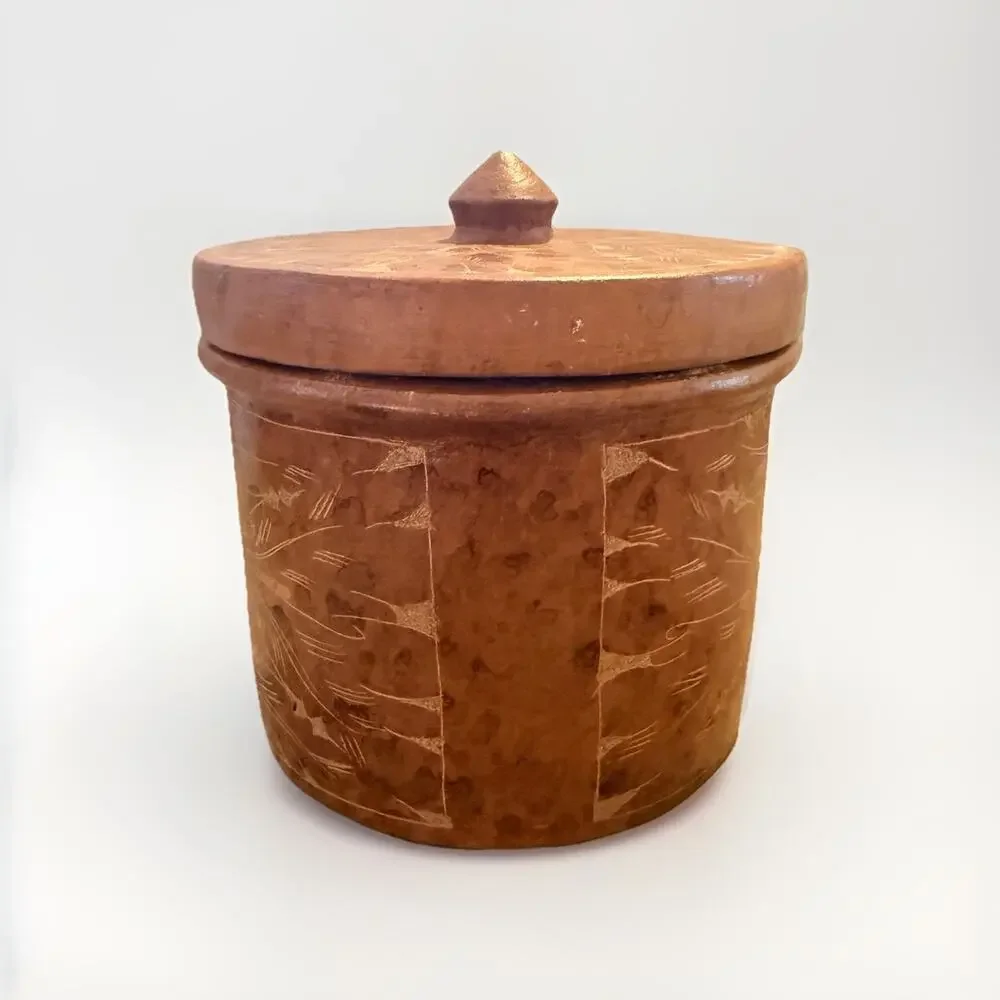 Vintage Pier One Indonesian Sasak Heavy Carved Pottery With Lid 6.75 x6 Inches